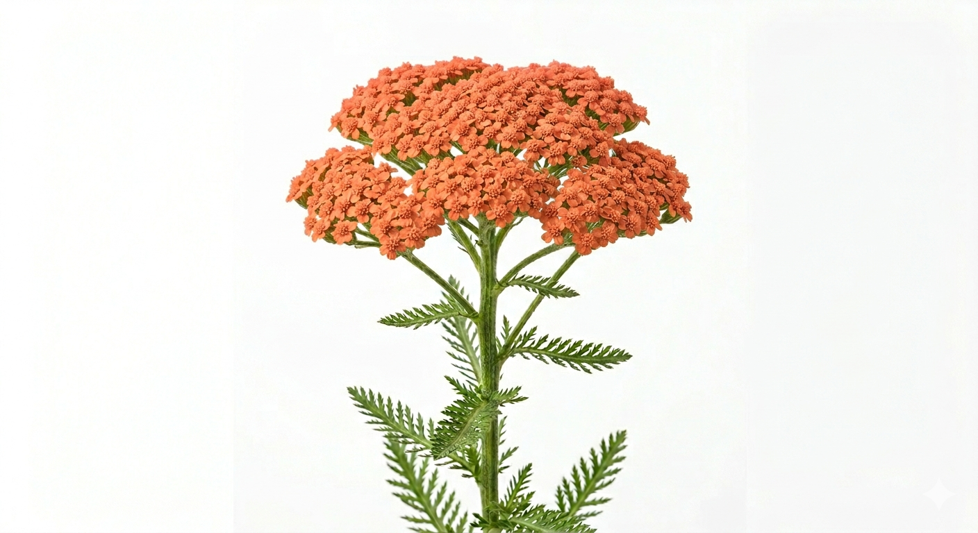 Una sugerente inflorescencia de Achillea Silvestre en un delicado tono salmón rosáceo, mostrando su característica copa aplanada formada por múltiples botones florales sobre un tallo erguido con fondo blanco.
