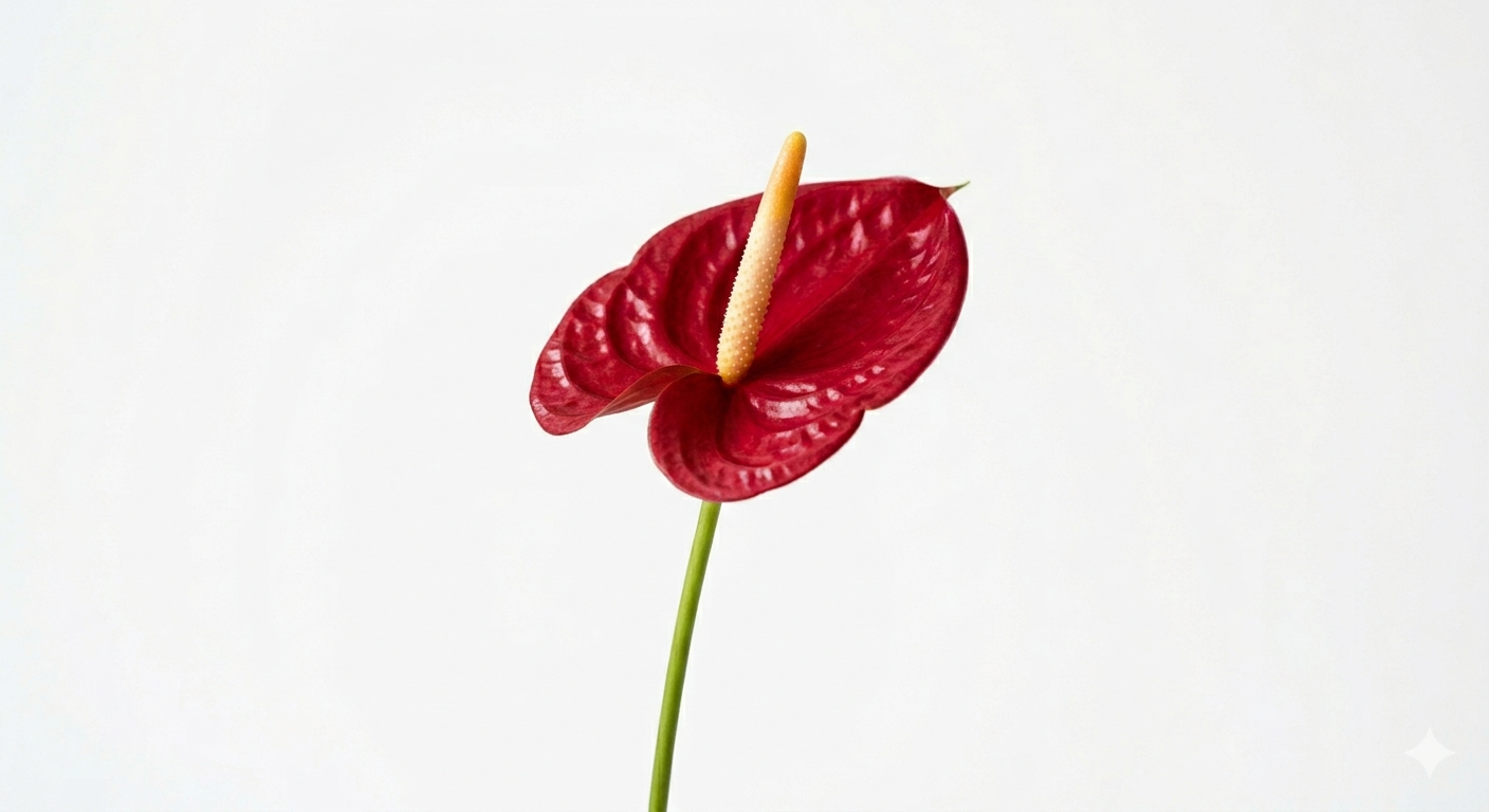 Planta de Anthurium Rojo con flores brillantes en forma de corazón y hojas verdes intensas.