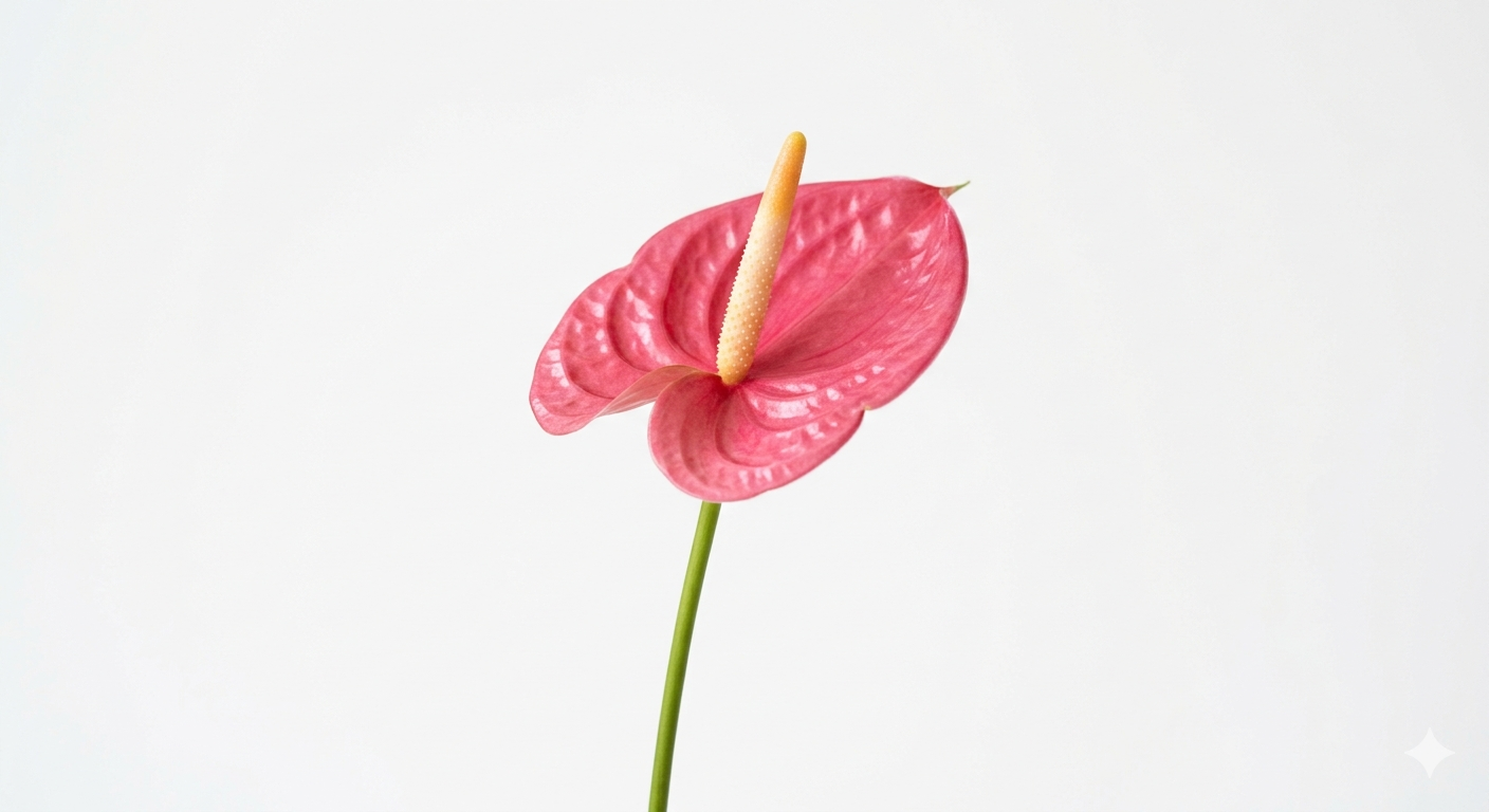 Planta de Anthurium rosa con una flor en forma de corazón brillante y hojas verdes sobre una maceta blanca minimalista.