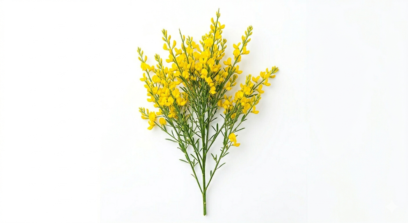 Fina y etérea ramificación de Broom Amarillo repleta de diminutas flores papilionáceas en un vibrante y luminoso tono amarillo dorado, mostrando su característica silueta flexible.