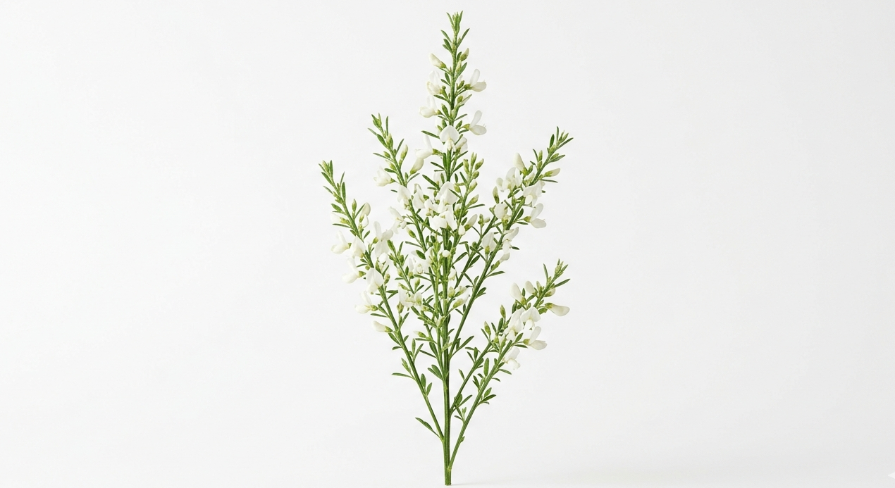 Fina y etérea ramificación de Broom Blanco repleta de diminutos botones florales en un tono blanco marfil, mostrando su característica textura vaporosa y su silueta ramificada.