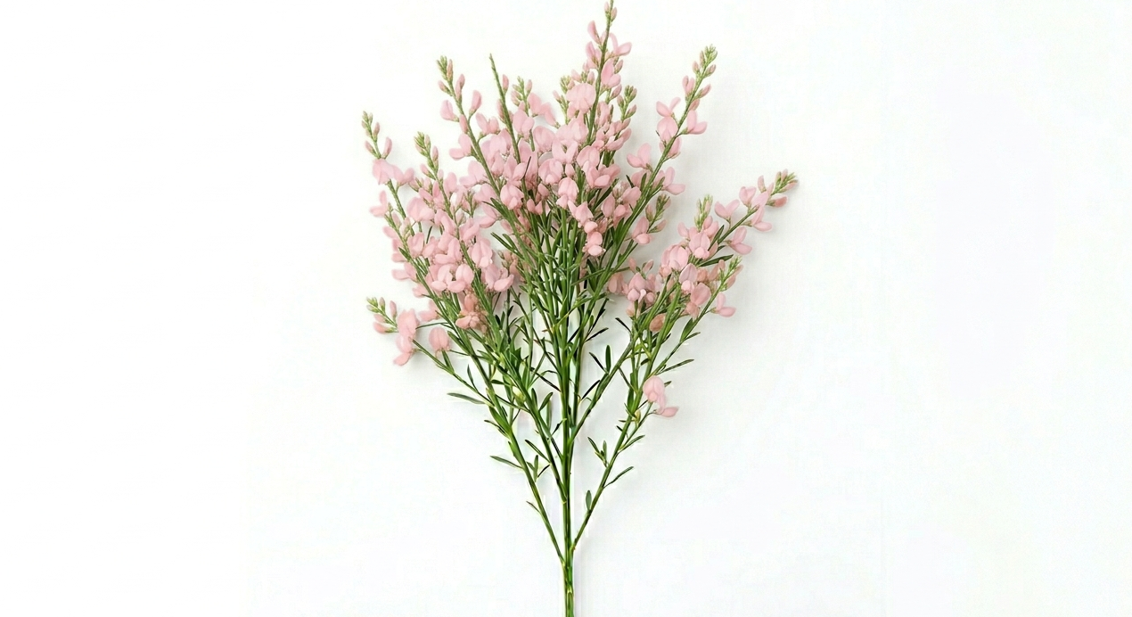 Fina y etérea ramificación de Broom Rosa repleta de diminutas flores papilionáceas en un romántico y sugerente tono rosa pastel, mostrando su característica silueta flexible.