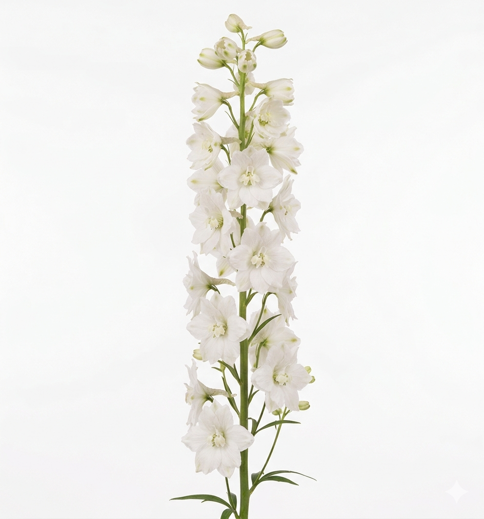 Espiga de Delphinium nacional de color Blanco suave con múltiples flores abiertas y botones en la parte superior.