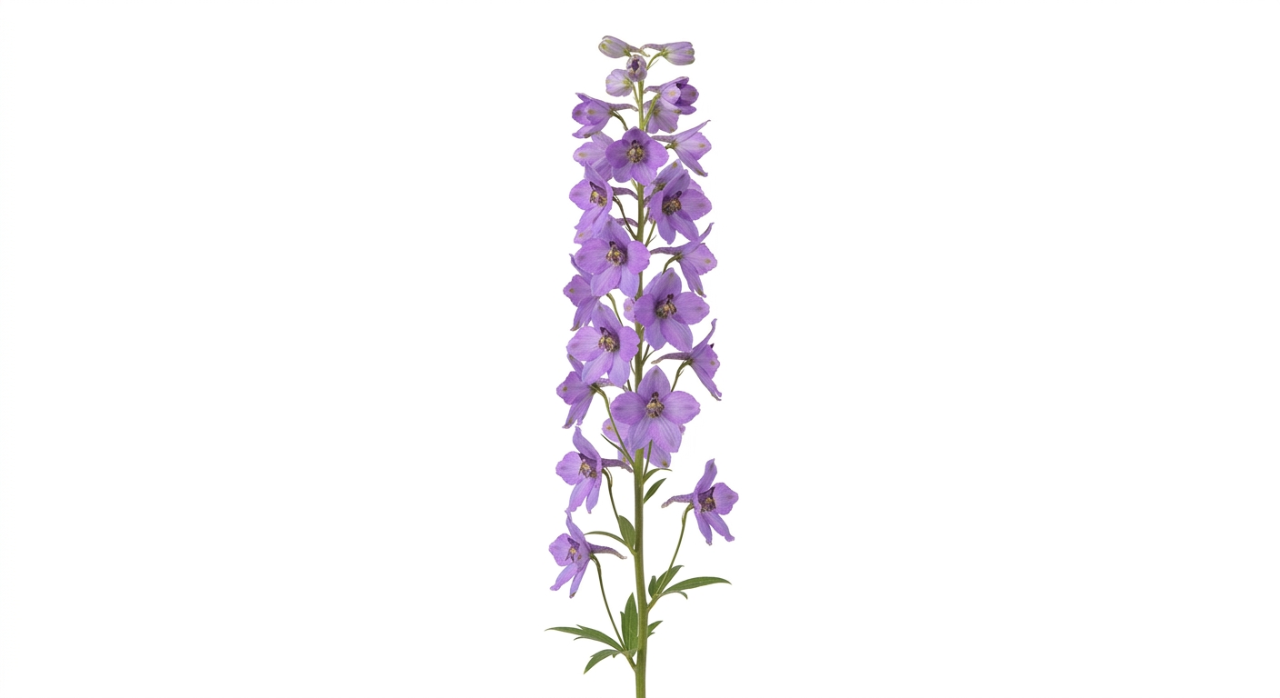 Espiga de Delphinium nacional de color lila suave con múltiples flores abiertas y botones en la parte superior