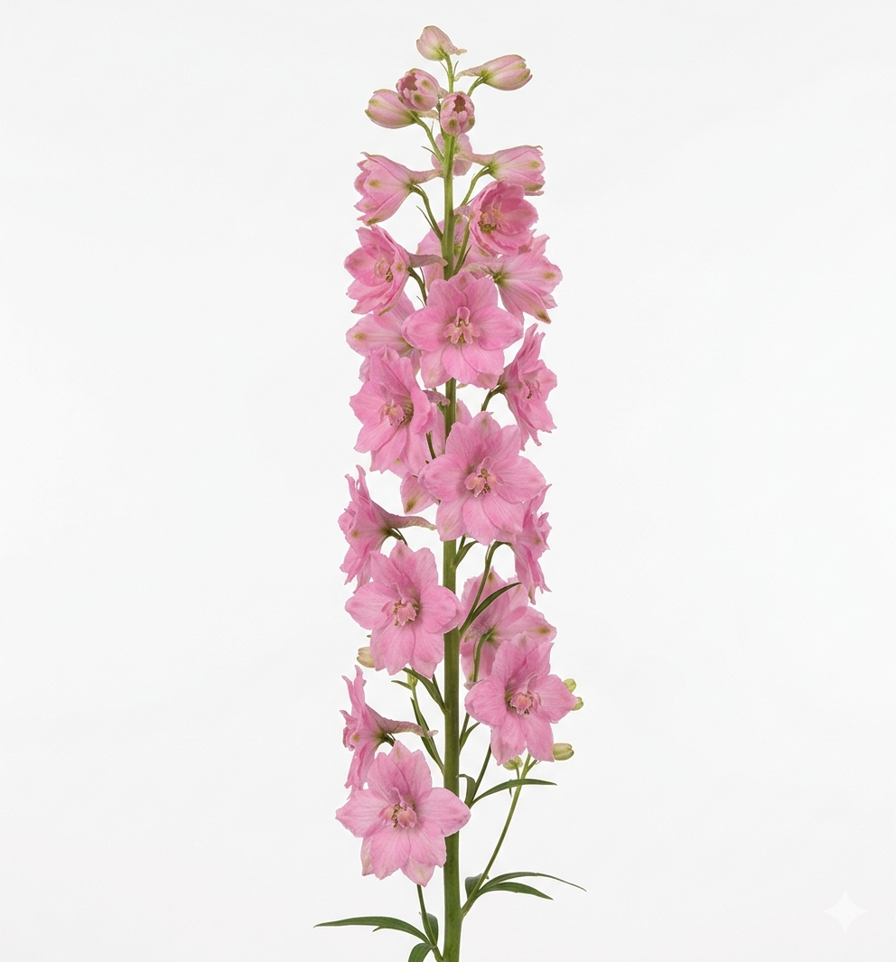 Espiga de Delphinium nacional de color lila suave con múltiples flores abiertas y botones en la parte superior.
