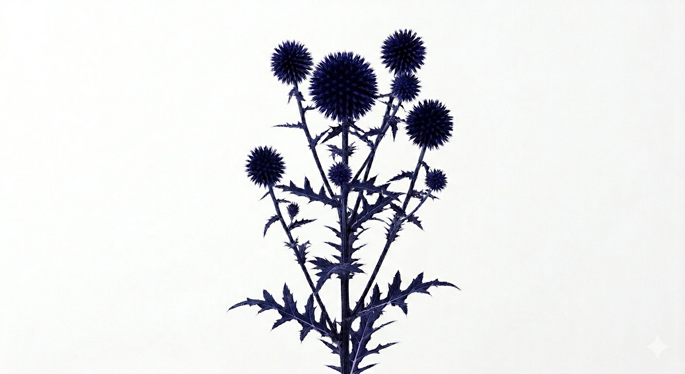 Una inflorescencia esférica y perfecta de Echinops Fantasía Oscuro en un profundo matiz purpúreo casi negro con destellos irisados, erguida firmemente sobre un tallo de silueta lineal.