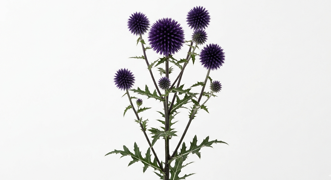 Una inflorescencia esférica y geométrica de Echinops en un profundo y enigmático tono morado oscuro, erguida sobre un tallo rígido con sutiles matices plateados.