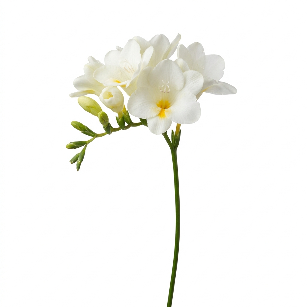 Primer plano de una Freesia Blanca Nacional sobre un fondo blanco inmaculado. La imagen muestra su característica inflorescencia horizontal con flores en forma de trompeta de pétalos blanco puro y botones verdes en el extremo, resaltando su frescura y elegancia minimalista.