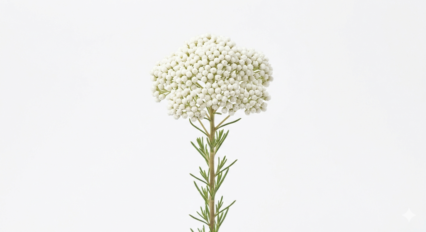 Una delicada inflorescencia de Rice Flower en color blanco marfil, mostrando su densa estructura de diminutos botones globulares que asemejan granos de arroz sobre un tallo erguido con fondo blanco.