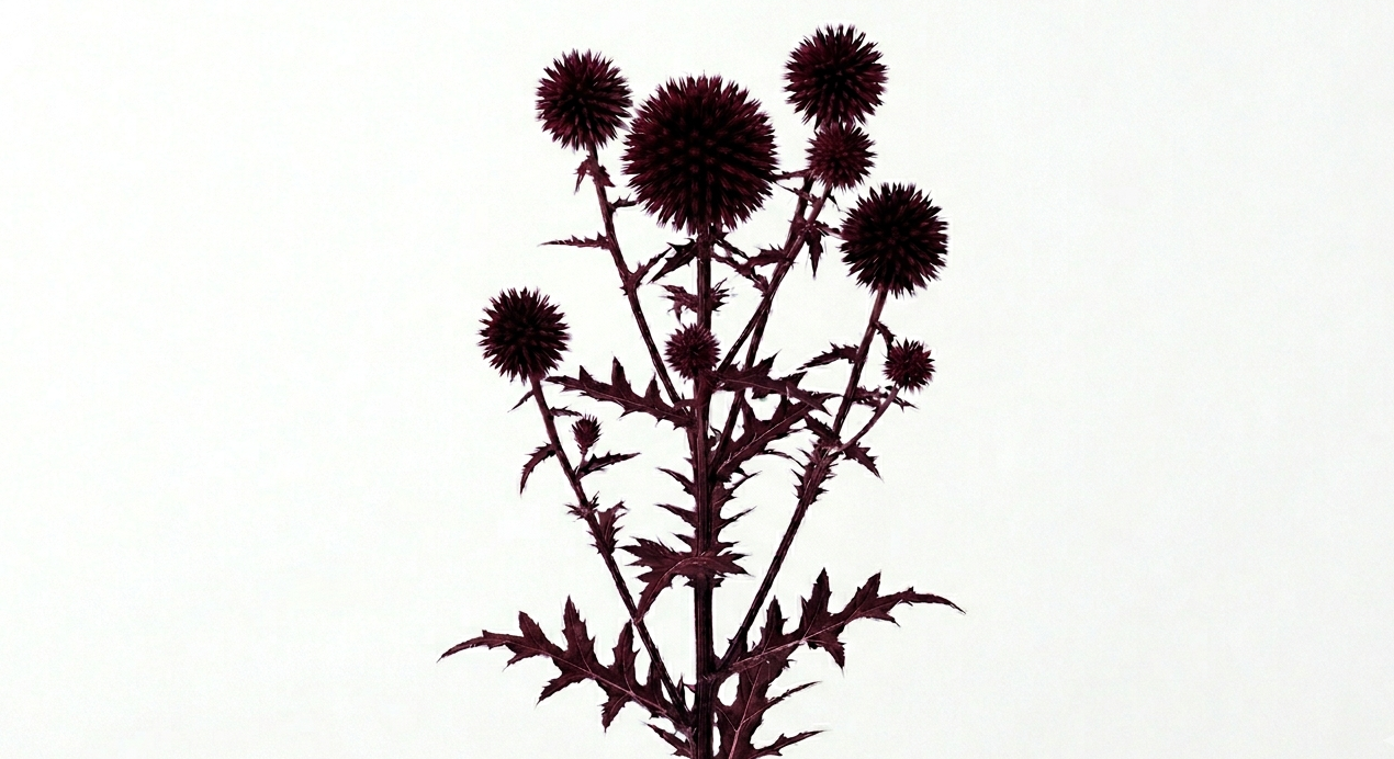 Una inflorescencia esférica y perfecta de Echinops en un apasionante y sofisticado tono rojo oscuro, erguida firmemente sobre un tallo de silueta lineal y porte aristocrático.