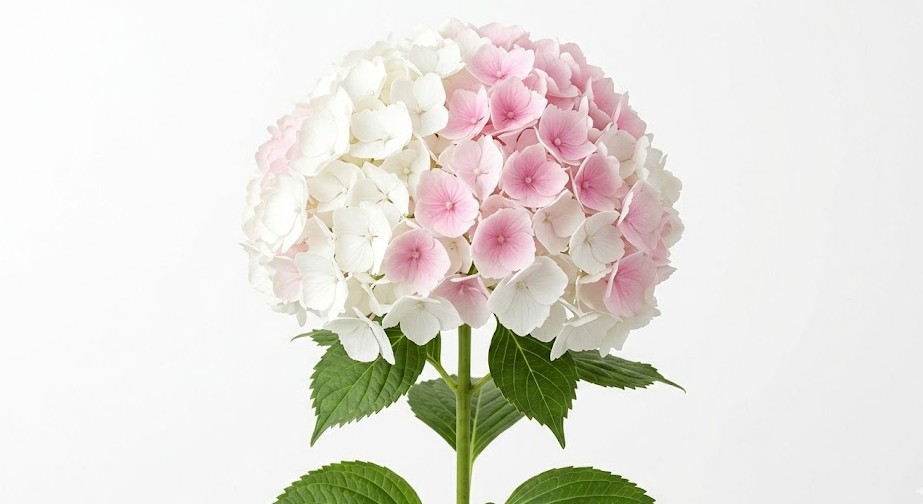 Una opulenta y perfecta inflorescencia globular de Hydrangea Cabeza Blanca en un tono níveo puro, mostrando un follaje verde intenso y un porte aristocrático sobre fondo neutro.