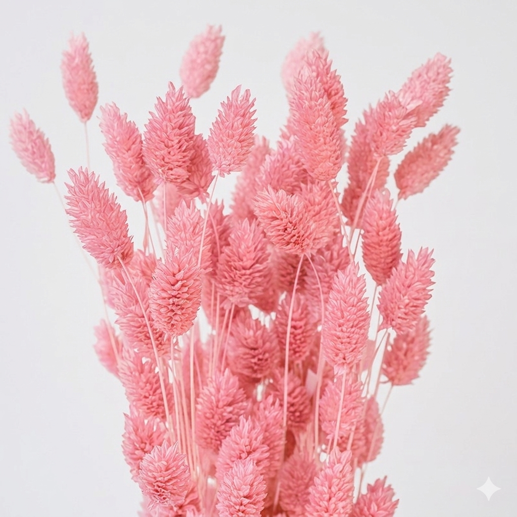 Composición de ramilletes de Lagurus ovatus en rosa pastel y magenta vibrante con detalle en primer plano.