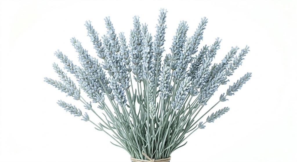 Elegantes y espigadas espigas de Lavanda Azul Claro dispuestas verticalmente, exhibiendo multitud de diminutos botones florales en un suave tono lavanda pastel sobre un fondo limpio y neutro.