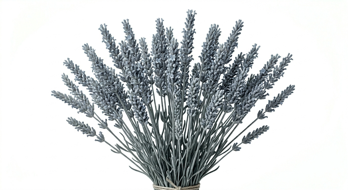 Esbeltas espigas de Lavanda Gris dispuestas verticalmente, mostrando una textura aterciopelada y diminutos botones en un sofisticado tono ceniza plomizo sobre fondo blanco.