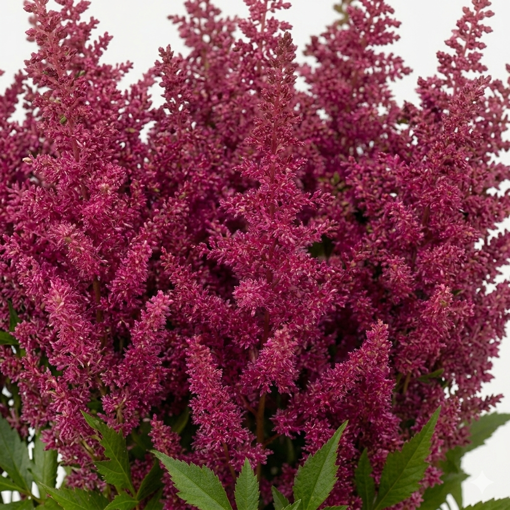 Primer plano macro de la textura suave y plumosa de la flor de Astilbe fucsia.