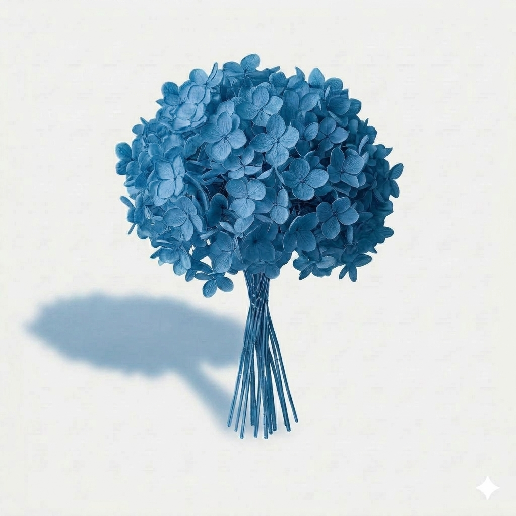 Gran ramillete de hydrangea o hortensia preservada de color azul celeste pastel de textura tersa, sobre fondo off-white con sombra suave.