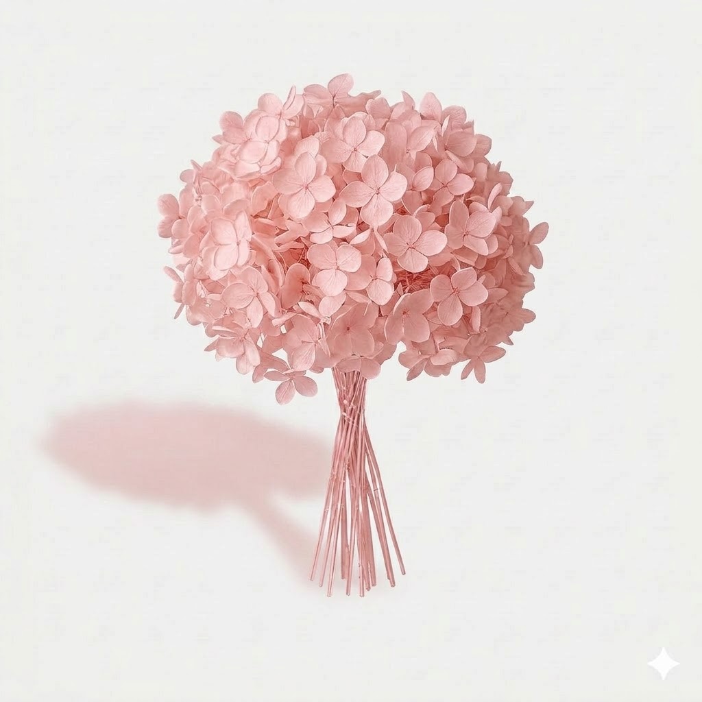 Gran ramillete de hortensia preservada rosa pastel de textura tersa, sobre fondo off-white con sombra suave.