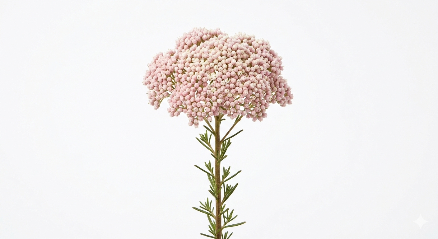 Una sofisticada inflorescencia de Rice Flower en un delicado tono rosa empolvado con matices blanquecinos, mostrando una densa constelación de diminutos botones globulares sobre un tallo erguido con fondo blanco.