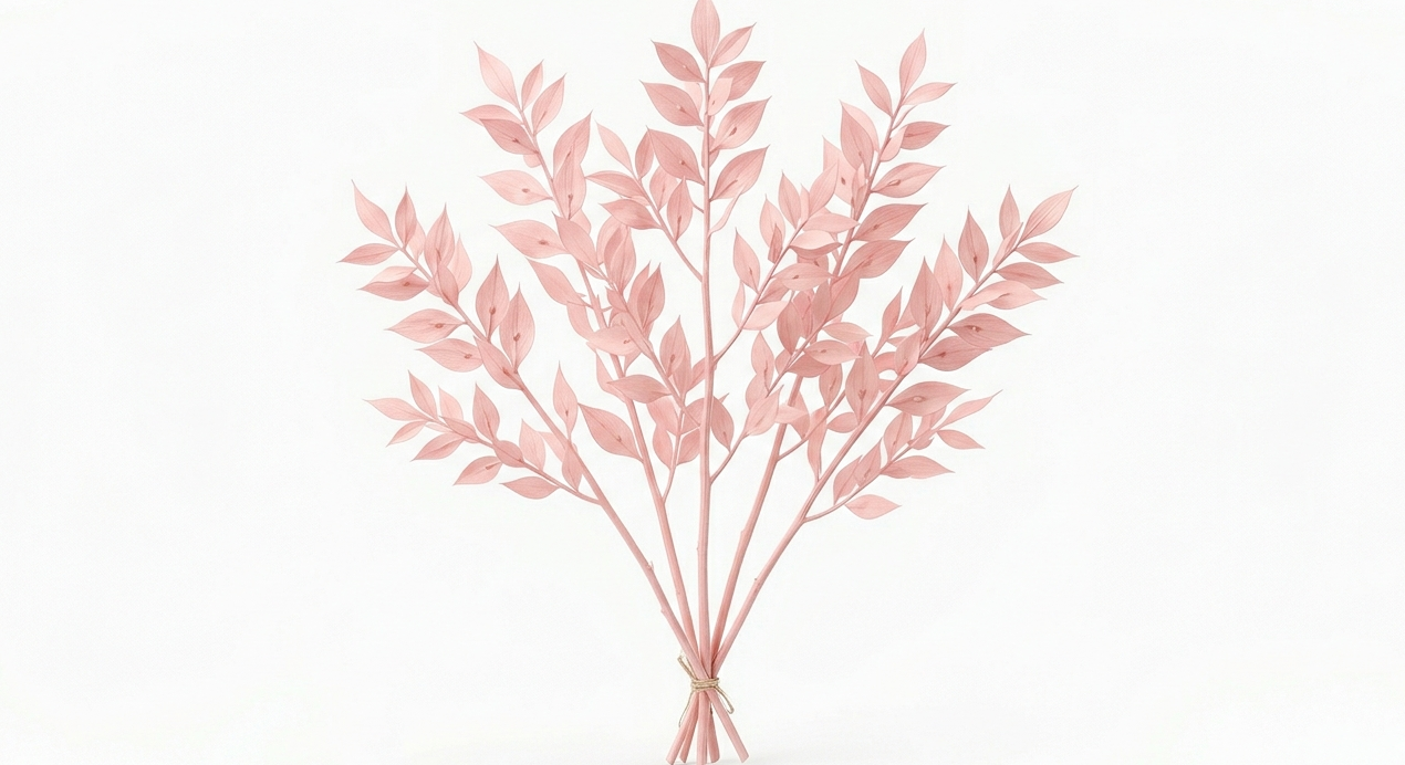 Varias ramas estilizadas de Ruscus Rosa dispuestas con delicadeza, mostrando sus hojas lanceoladas en un suave tono rosa empolvado sobre un fondo blanco limpio.