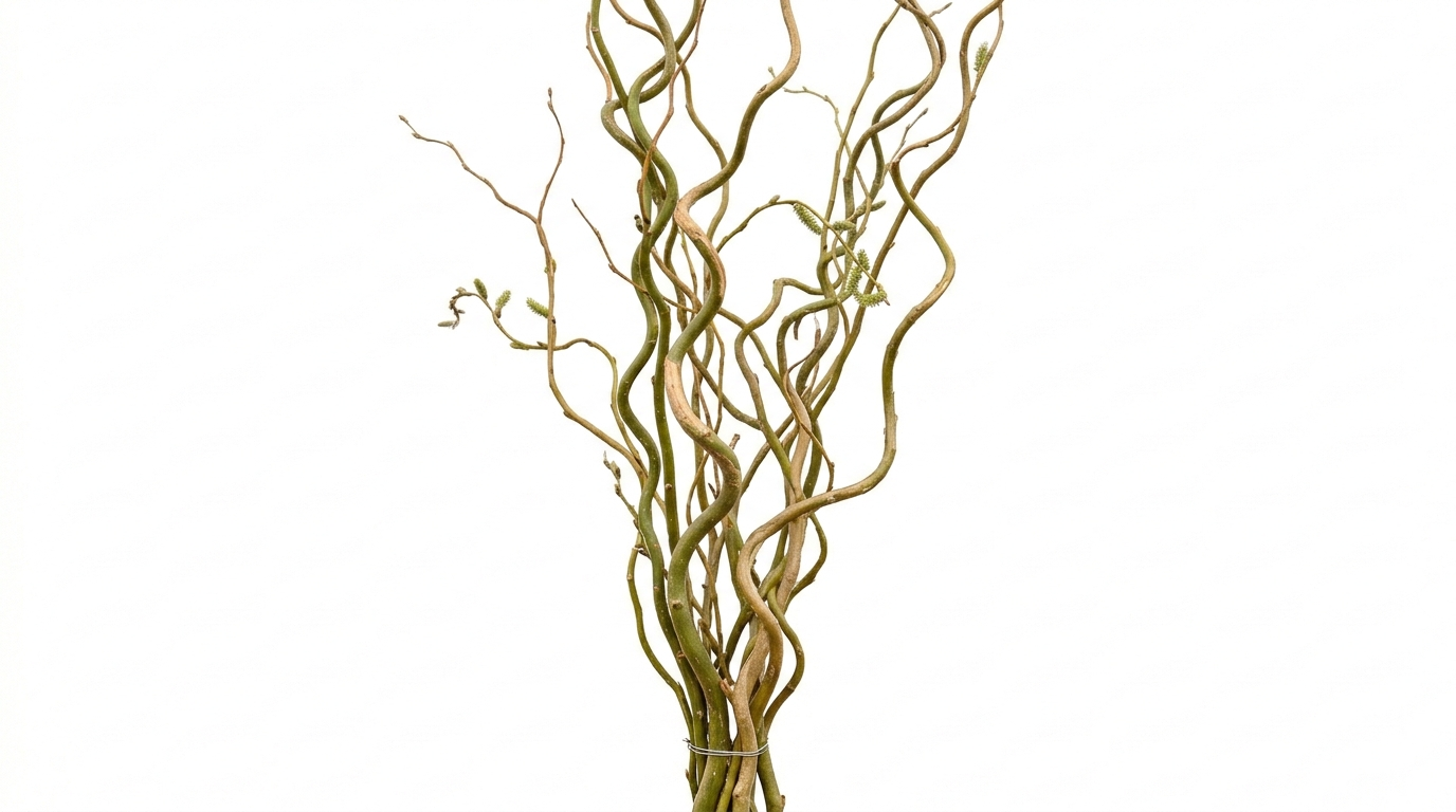 Ramas ornamentales de Salix Curly (Salix matsudana 'Tortuosa') con su característica forma sinuosa y retorcida sobre un fondo blanco limpio.