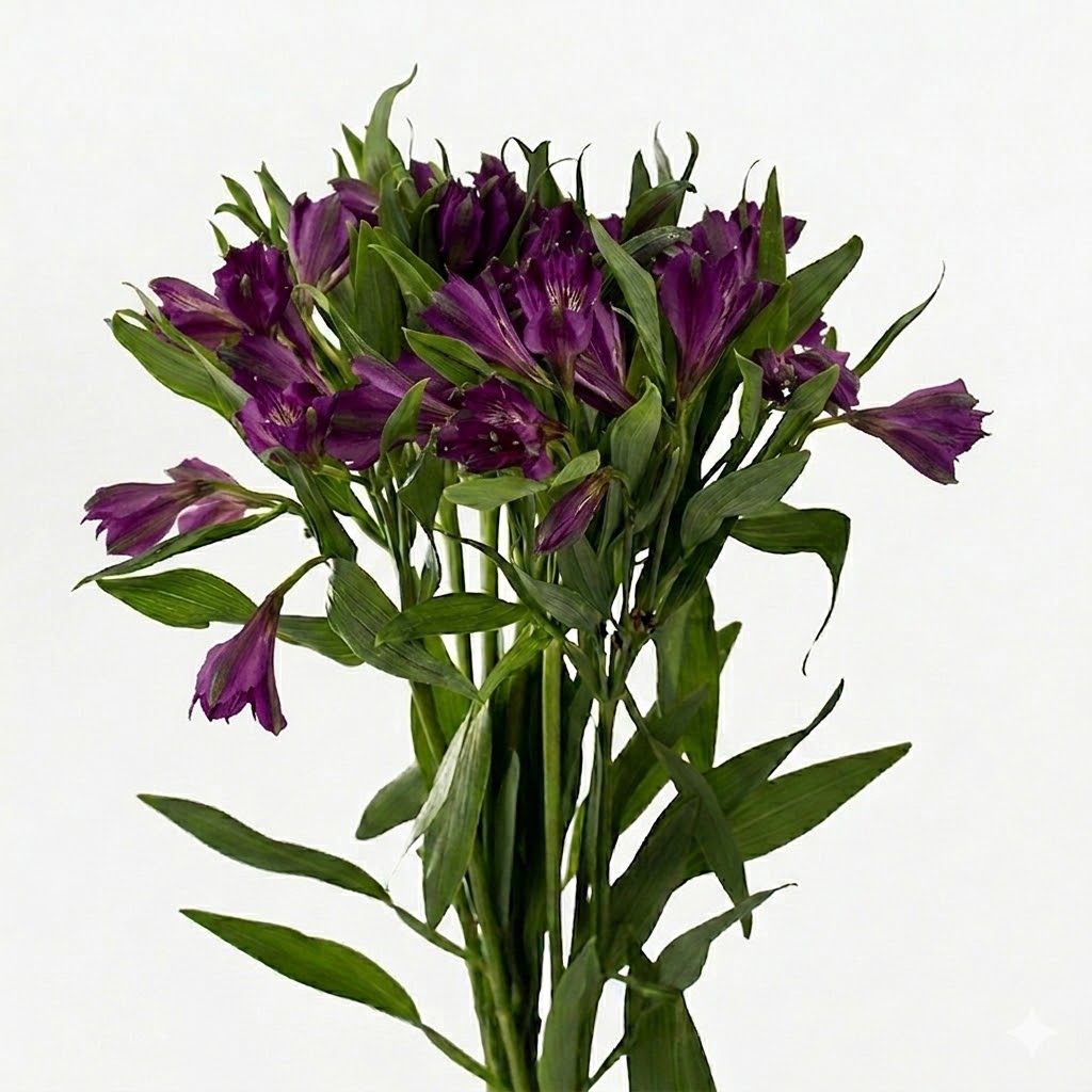 Ramillete denso de alstroemeria morada de calidad premium con múltiples flores abiertas y botones.