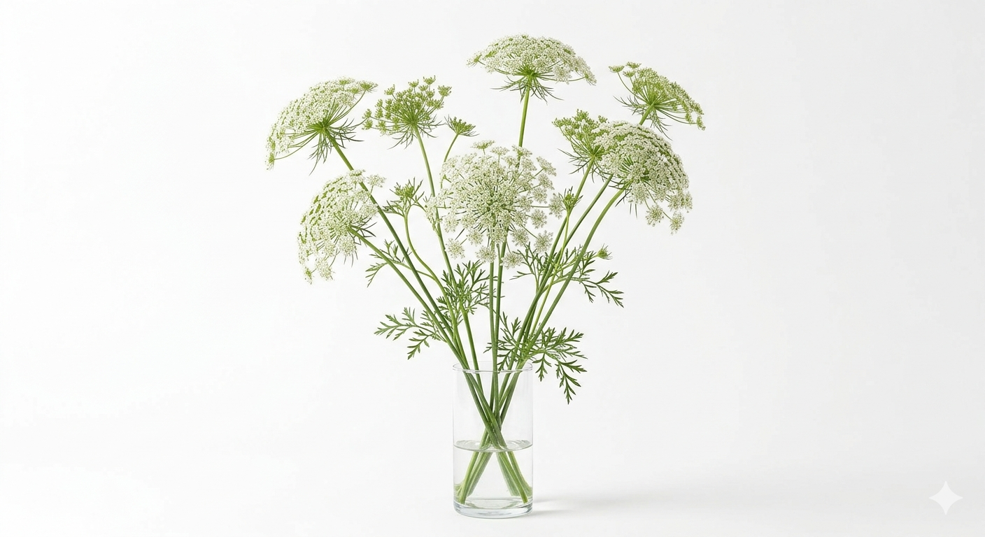 Varias varas de Ammis Majus con flores blancas en forma de encaje fino dispuestas en un jarrón de cristal sobre fondo blanco.