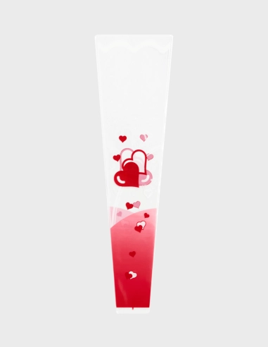 Bolsa transparente alargada para flores individuales, decorada con un patrón de corazones dobles entrelazados en tonos rojos y rosas, con acabado brillante y base reforzada.