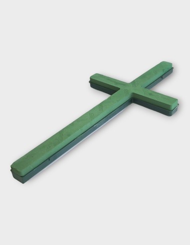 Soporte de esponja floral con forma de cruz de alta densidad, montado sobre una base rígida para garantizar estabilidad y retención de agua en arreglos conmemorativos.