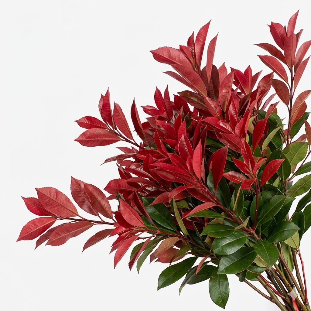 Primer plano detallado de las hojas de Photinia resaltando su textura brillante y bordes aserrados.