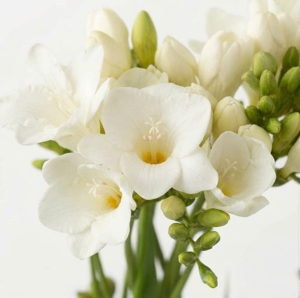 Freesia blanca de Holanda fresca con aroma para ramos nupciales y arreglos florales profesionales.