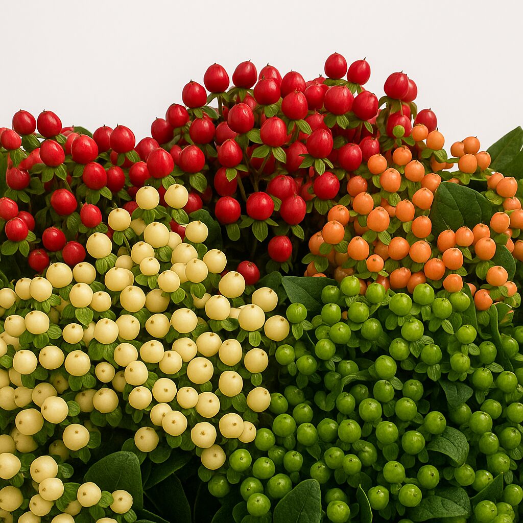 Varas de Hypericum de importación con bayas de colores para ramos profesionales.