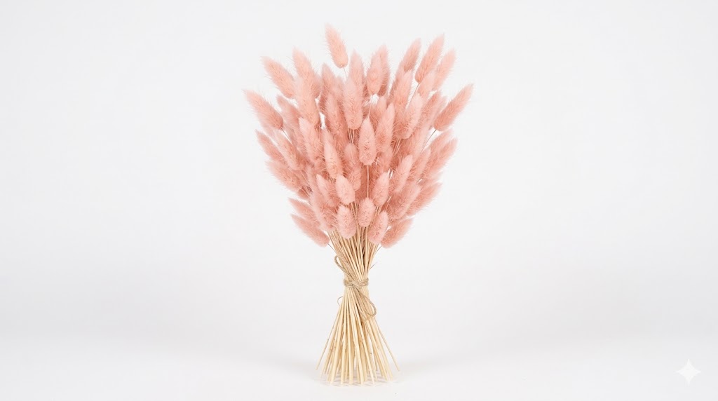 Una delicada composición de Lagurus en color rosa pastel, mostrando sus suaves inflorescencias ovadas de textura algodonosa sobre tallos esbeltos, destacando su ligereza contra un fondo blanco limpio.