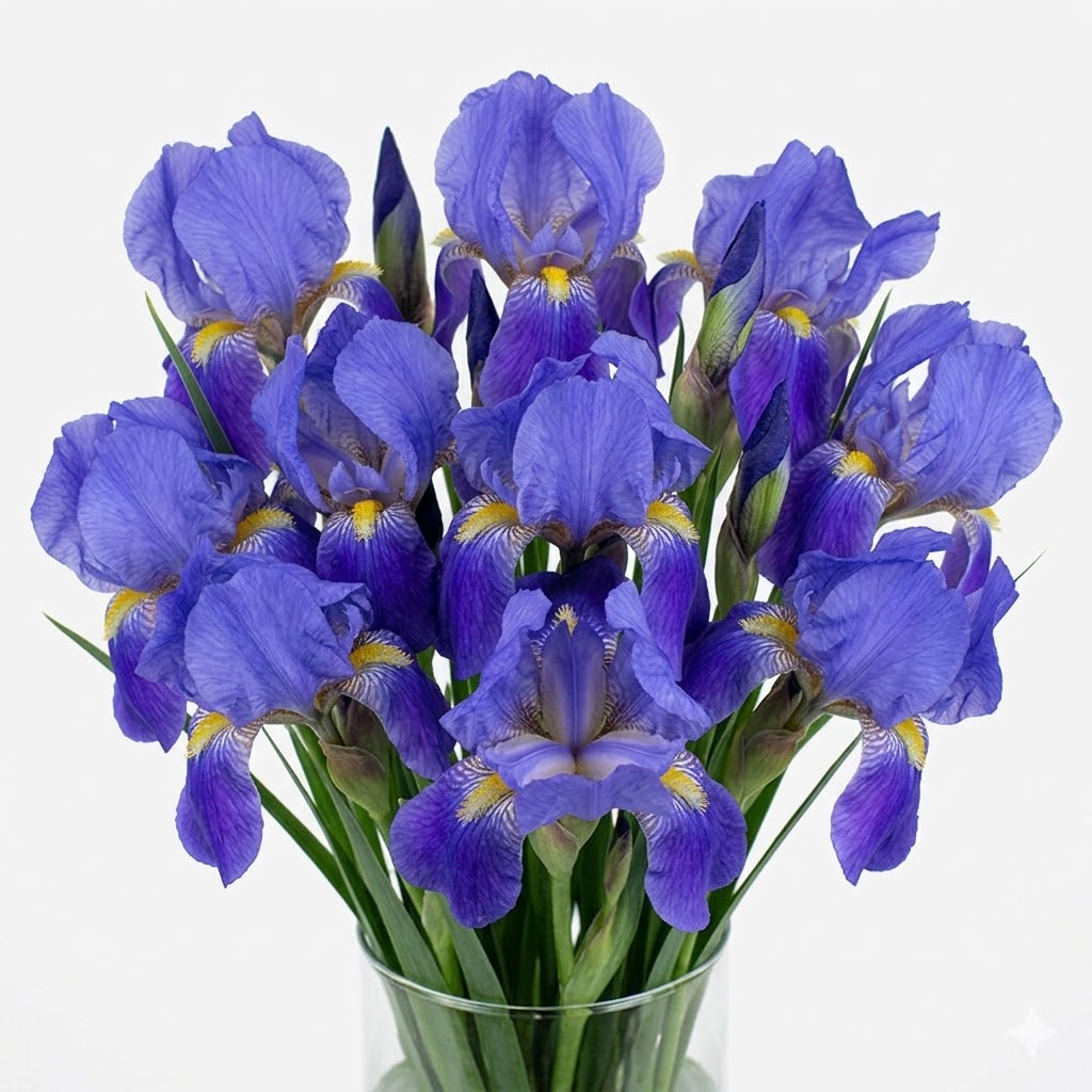 Flores de Iris azul en jarrón mostrando capullos y flores abiertas.