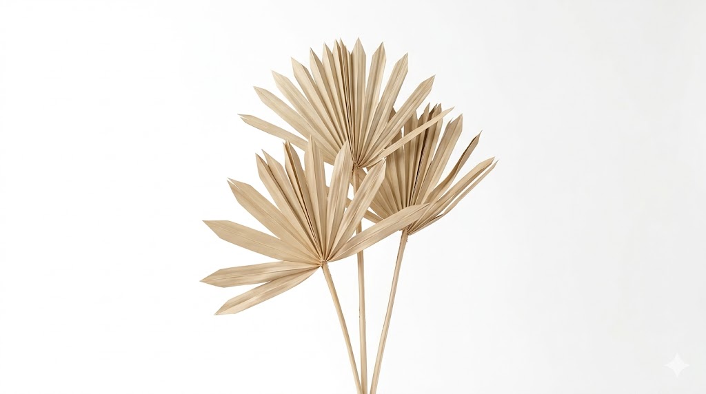 Una sofisticada hoja de Palm Sun deshidratada en un suntuoso tono beige lino, mostrando su silueta circular recortada y su textura plisada en forma de abanico sobre un fondo blanco limpio.