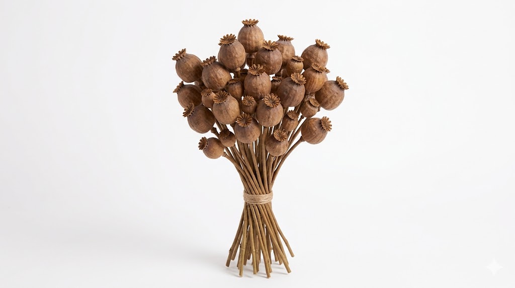 Una sofisticada amapola Papaver en color marrón terracota profundo, exhibiendo sus pétalos de textura papirácea y arrugada con un centro ornamental oscuro sobre un fondo blanco limpio.