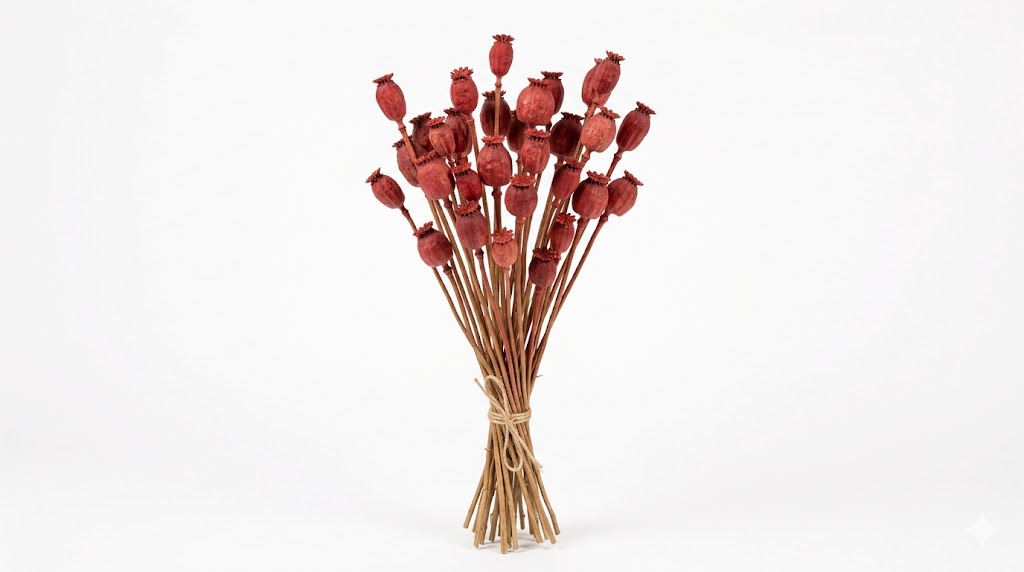Una sofisticada amapola Papaver en color rojo escarlata, exhibiendo sus pétalos de textura satinada y arrugada con un centro oscuro de estambres contrastantes sobre un fondo blanco limpio.