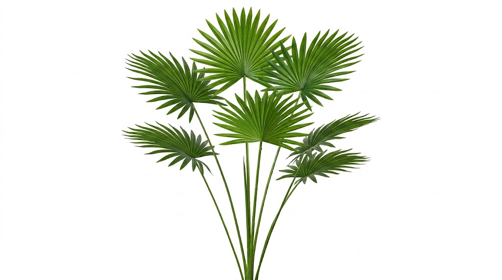 Una sofisticada hoja de Palm Sun deshidratada en un elegante color verde oliva, mostrando su silueta circular recortada y su textura plisada en forma de abanico sobre un fondo blanco limpio.