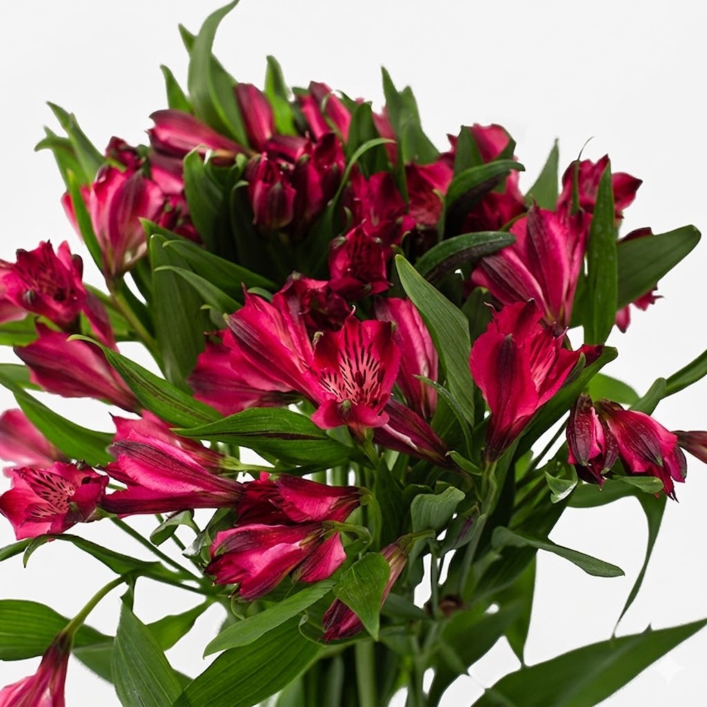 Detalle macro de alstroemeria fucsia nacional con pétalos de color rosa vibrante, veteado oscuro característico y hojas verdes frescas.