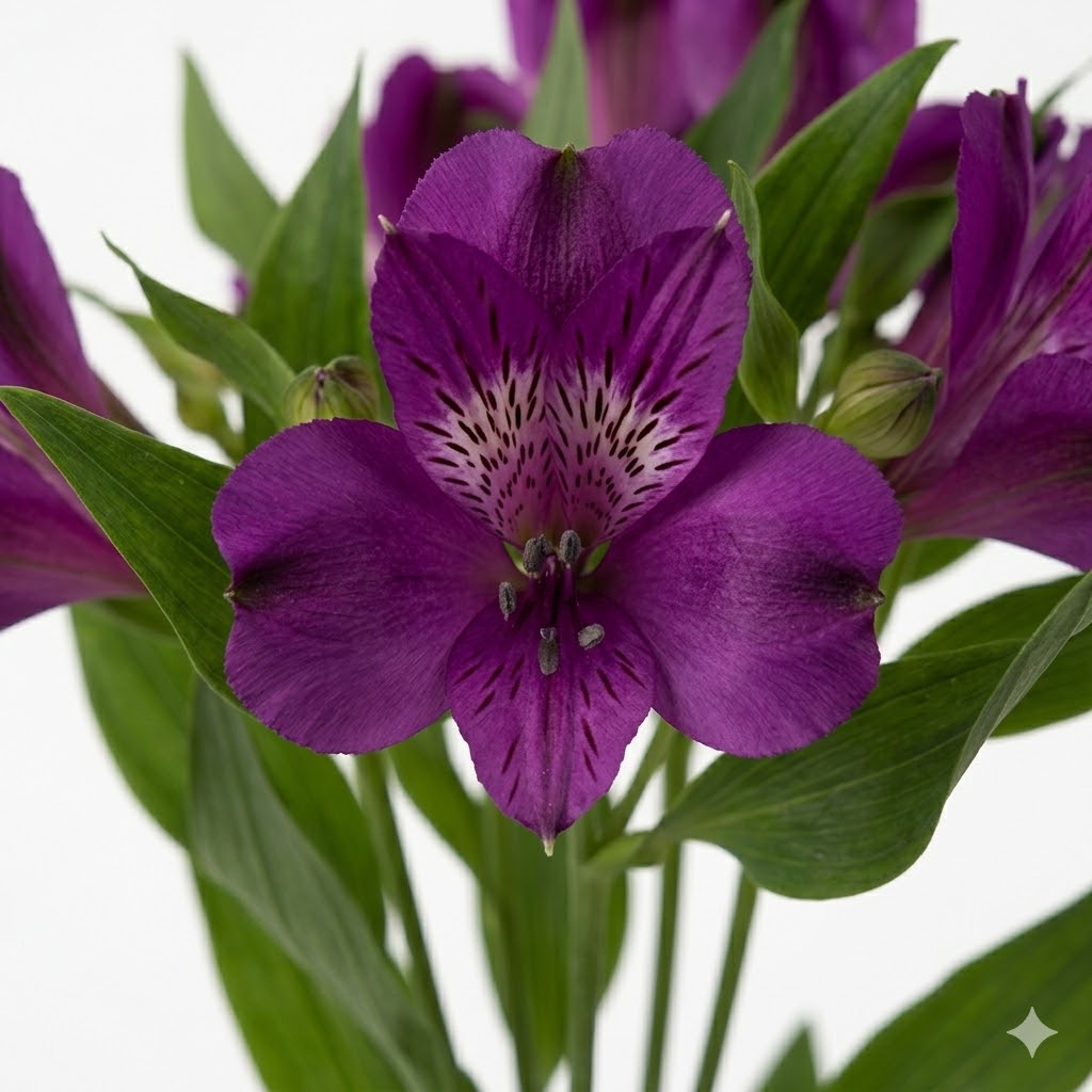 Primer plano macro de una flor de alstroemeria morada resaltando el patrón atigrado central y sus pétalos aterciopelados.