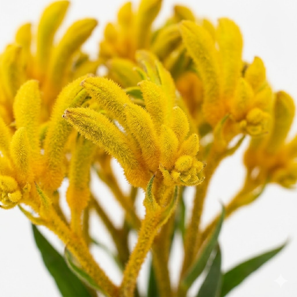 Primer plano macro detallado de un racimo de flores aterciopeladas de Anigozanthos amarillo, mostrando la textura fuzzy de la "Pata de Canguro" y su compleja forma exótica.