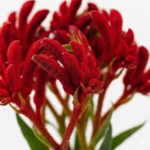 Detalle macro de las flores de Anigozanthos rojo mostrando la textura vellosa y el color rojo fuego de sus pétalos tubulares.