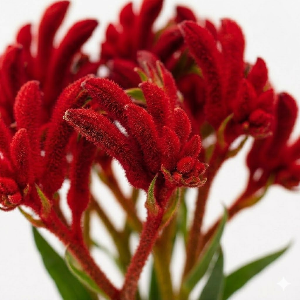 Detalle macro de las flores de Anigozanthos rojo mostrando la textura vellosa y el color rojo fuego de sus pétalos tubulares.