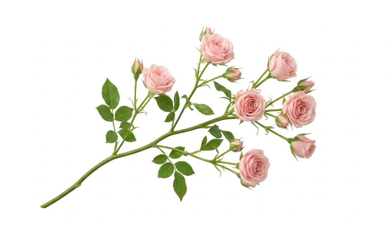Rama de rosa ramificada (tipo spray) de color rosa pálido con múltiples botones en diferentes estados de apertura y hojas verdes detalladas sobre un fondo blanco puro.