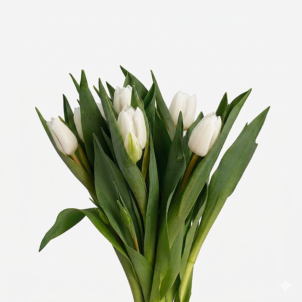 Composición de tulipanes blancos enfocada desde arriba mostrando la disposición de las flores y el follaje.