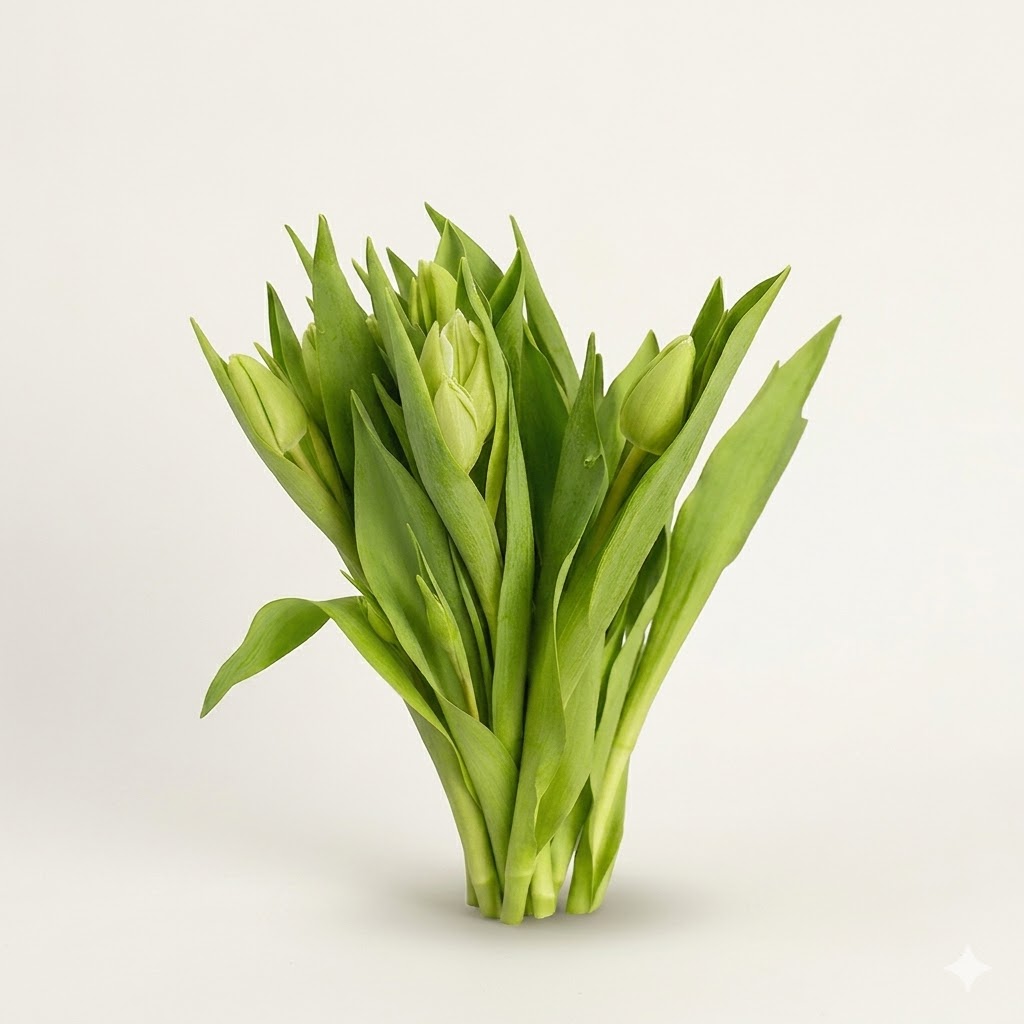 Composición de tulipanes verde claro nacionales mostrando la verticalidad de los tallos y la elegancia de los botones cerrados.