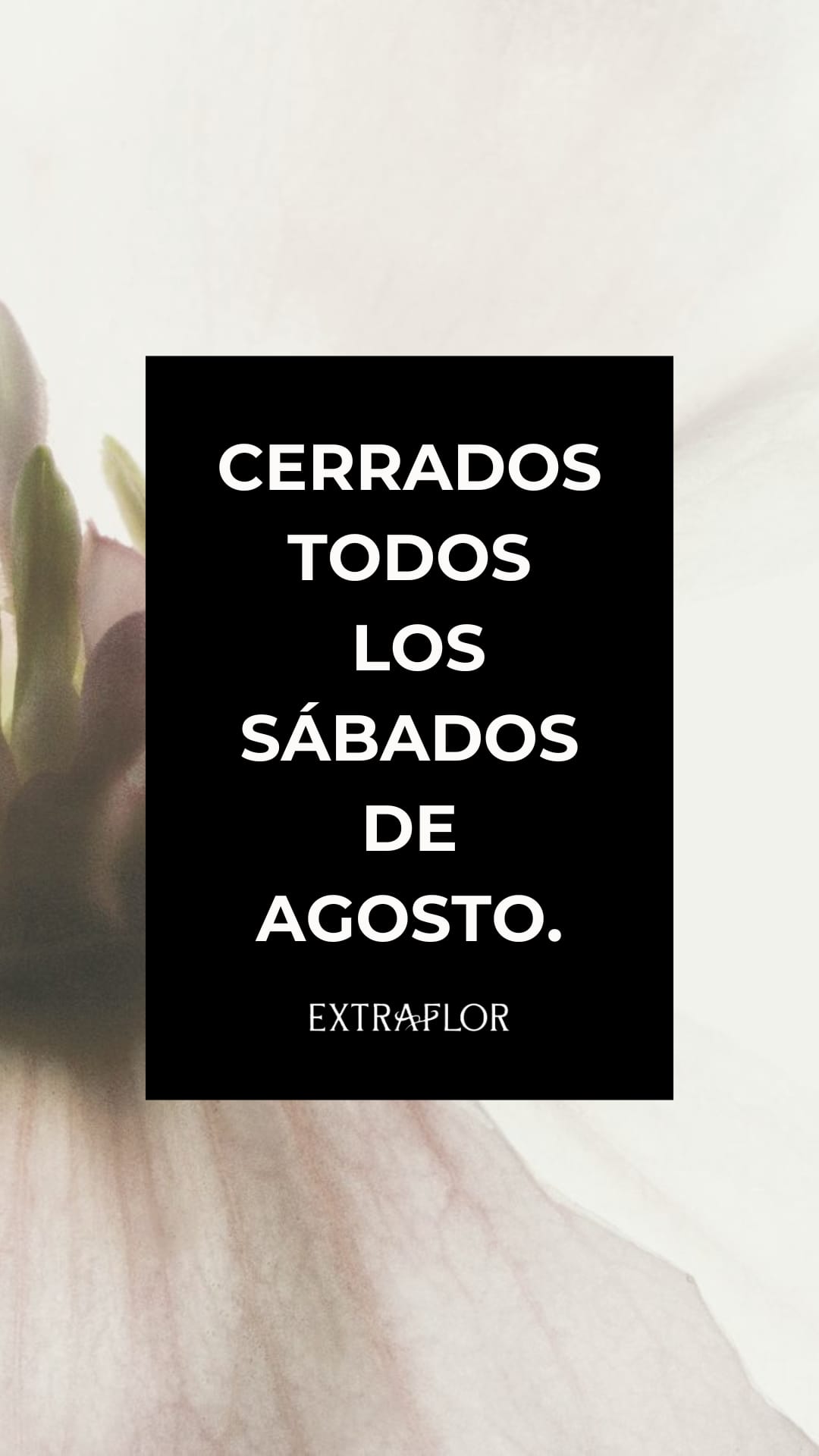 Cartel informativo de Extraflor anunciando el cierre del almacén todos los sábados del mes de agosto.