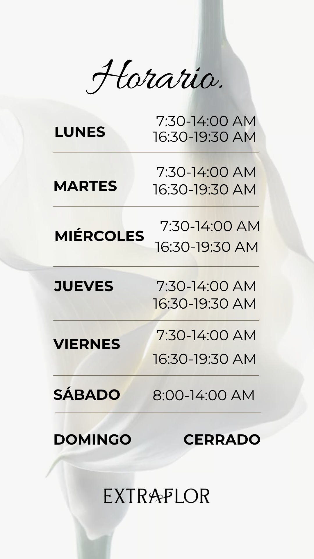 Horario habitual de Extraflor de lunes a sábado